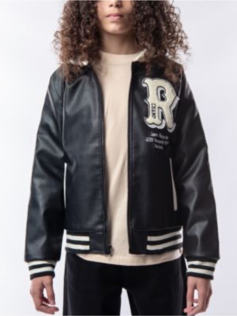 Ring of Fire Black PU Bomber Jacket with Cream Patch & Stripe Detail